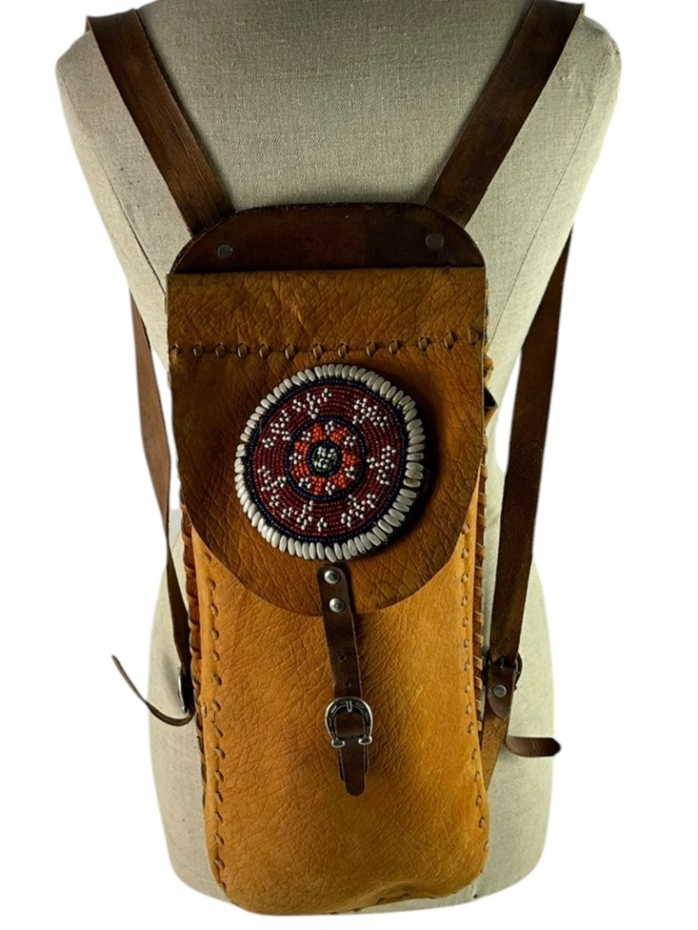 Vintage Brown Handmade Leather Chanupa Beaded Medallion Boho Backpack